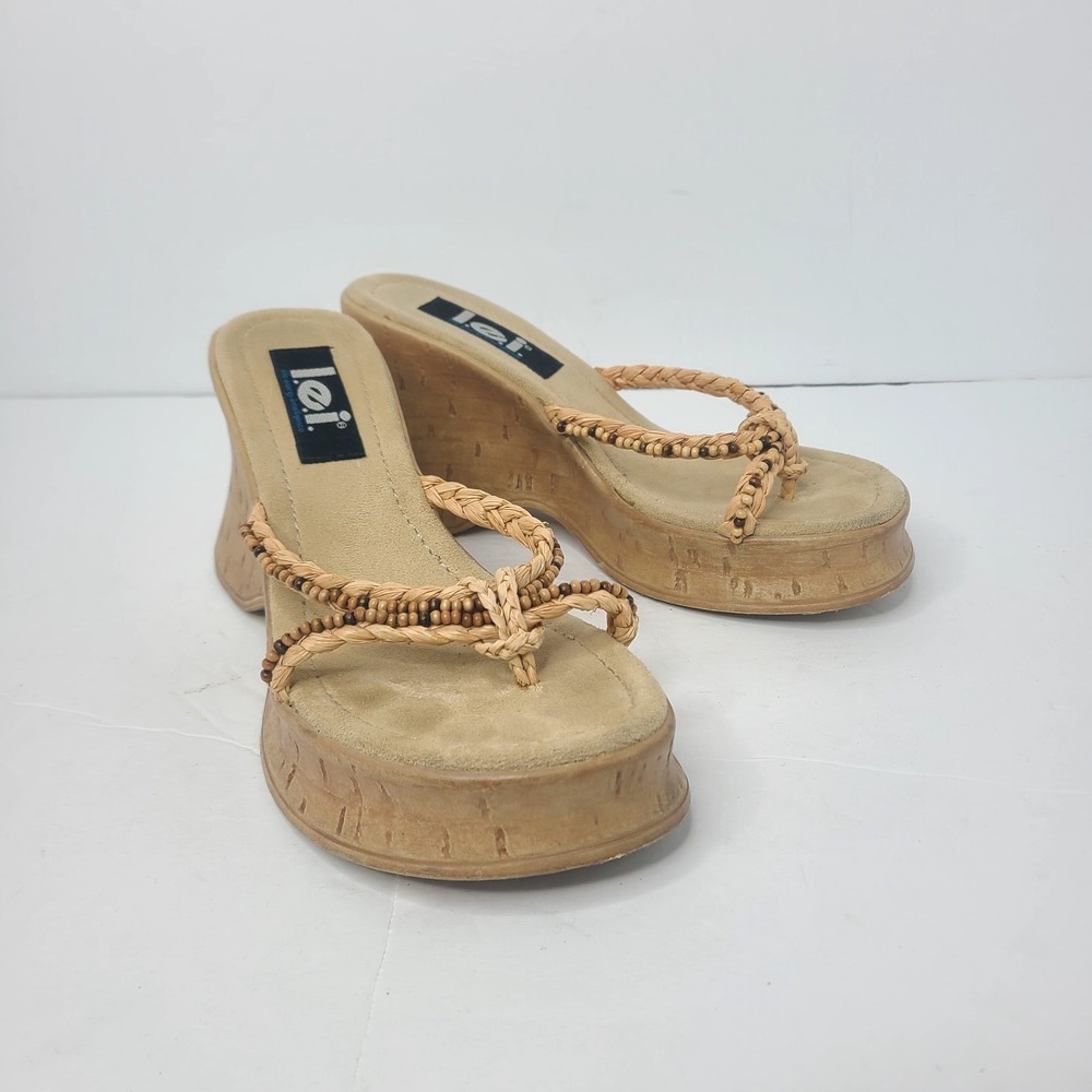 Vintage LEI Platform Sandals 90s Y2K Beige Chunky Wedge Raffia Braided Thong 7